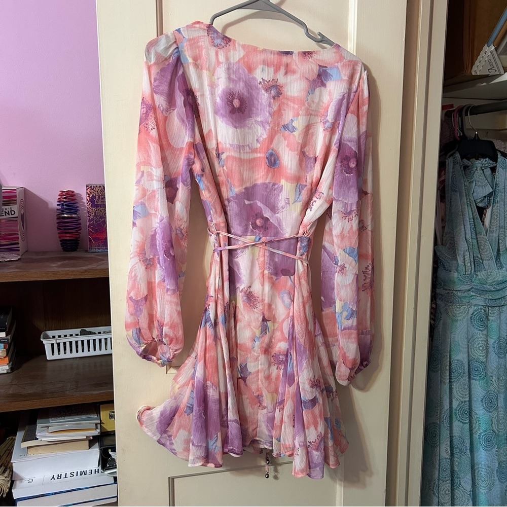 Vici Pink and Lavender Floral Wrap Mini Dress - Picture 4 of 7